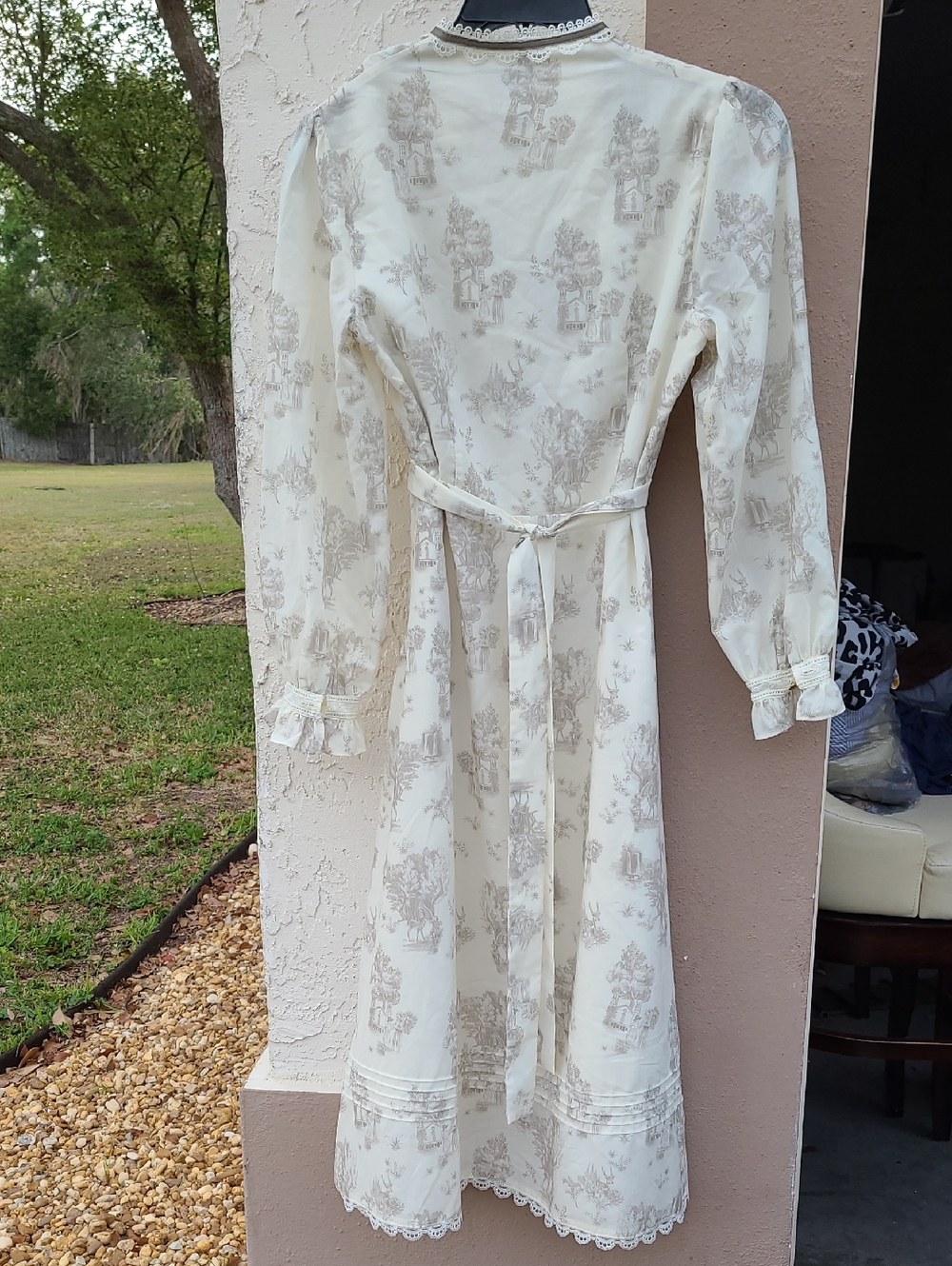 Simple Retro Vintage Wrap Dress Midi Tie Beige Cream Zipper M Ruffle Long Sleeve - Picture 7 of 10